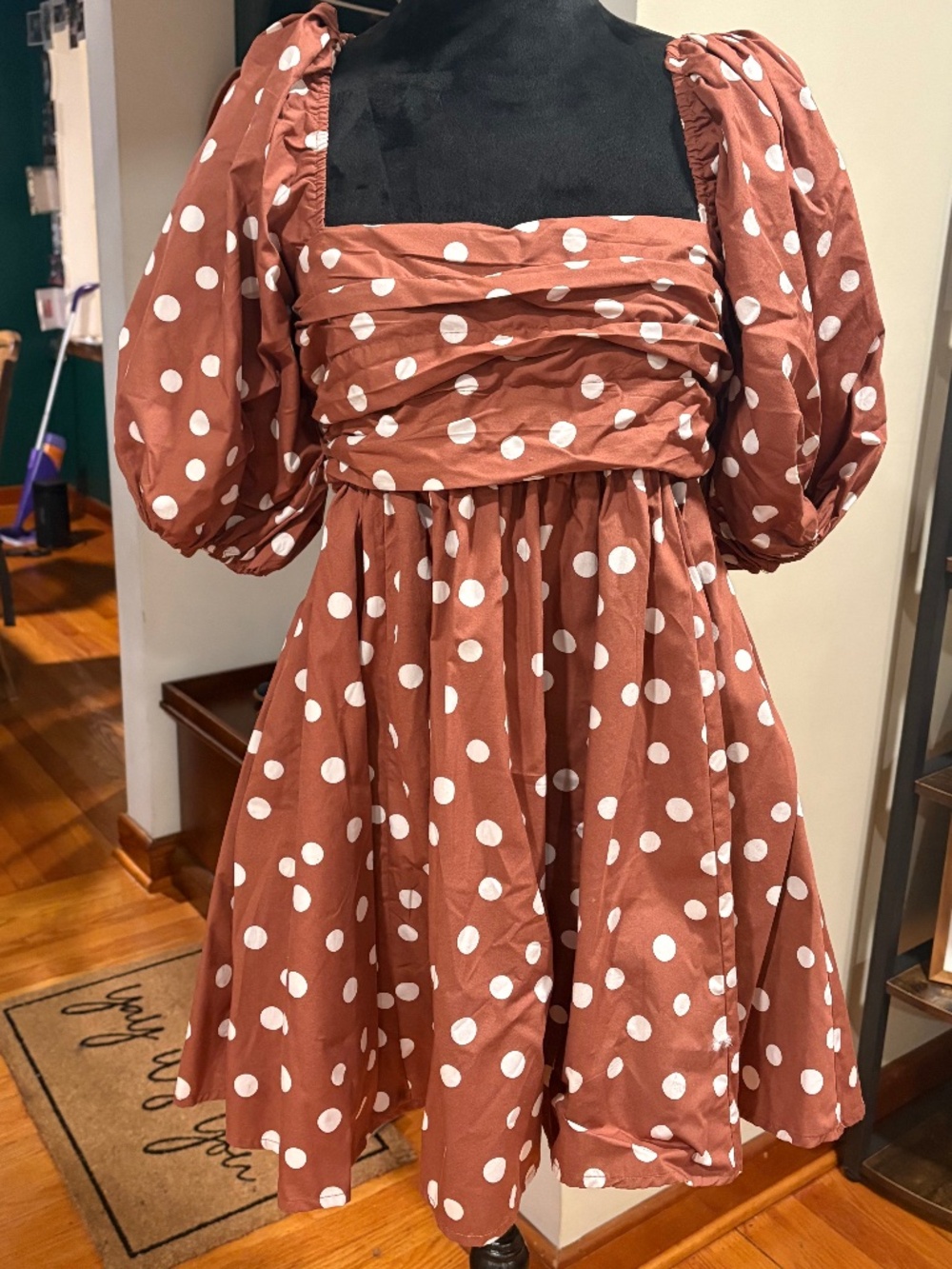 Abercrombie and Fitch Emerson Brown Polka Dot Poplin Puff Sleeve Dress Size Med - Picture 6 of 6